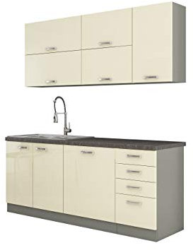Mirjan24 Küche Multiline III, 180 cm Küchenblock/Küchenzeile mit Arbeitsplatte und Spülbecken, 6 Schrank-Module frei kombinierbar (Grau/Creme Hochglanz; ohne Beleuchtung)