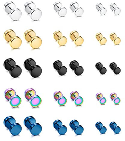 JeryWe 15 Paires Boucles d'Oreilles en Acier Inoxydable Homme Femmes Ronde Clou Faux Cheater Fake Gauges Plugs à Vis Set piercing oreilles Tunnel double côté Hypoallergénique 4/6/8MM