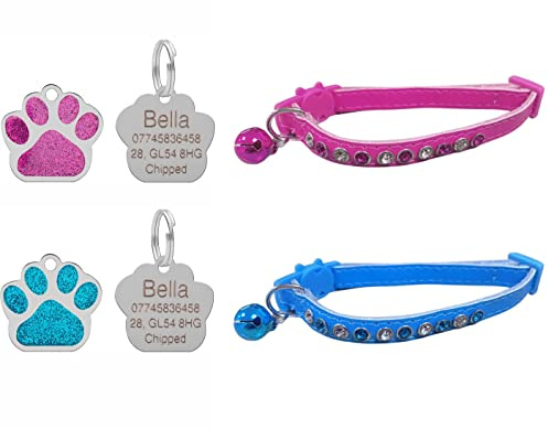 Cute Leather Cat Collar with Sparkly Bling Diamond Effect Stones, Quick Release, Bell & Personalised Engraved 27mm Glitter Paw Shaped ID Tag (Pink)