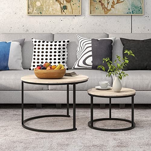 Diahomy Round Coffee Table Set of 2, Side Table for Living Room with Metal Frame, Sofa Tea Table for Small Space, Black and OAK, 69.5 x 49 cm