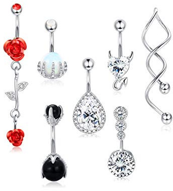 Kakonia 14G 316L acier inoxydable Barre de boutons de ventre pour femmes CZ clair Fleur de rose inversée Anneaux de nombril Barbelés courbés Bijoux de piercing pour le corps