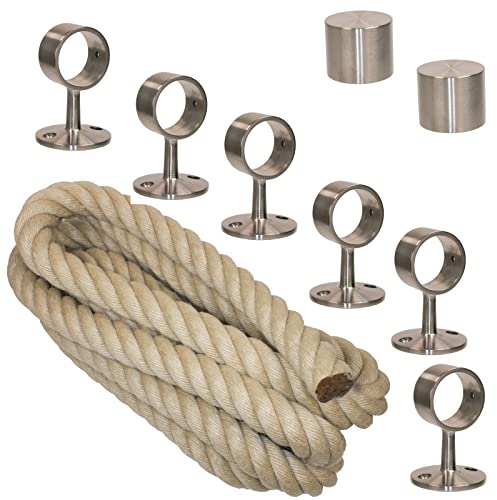 Handlaufseil Set 40mm - bestehend aus 2 Endkappen 6 Seilträger Edelstahl matt und 6m Nature Touch Handlaufseil naturfarben