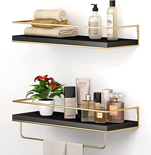 NUCAZA Black & Gold Floating Shelves Wall Mounted Set of 2 With 18kg Capacity, Hanging Wall shelves for Bedroom, Kitchen, Bathroom, Living Room, Home Office, Storage Organiser - Solid Wood Shelf