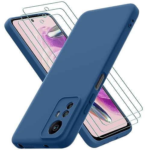 Oureidoo Funda para Xiaomi Redmi Note 12S 4G con 3 Piezas Cristal Templado, Carcasa de Sedoso-Tacto Suave Silicona, Cubierta a Prueba de Golpes con Forro de Microfibra, Azul