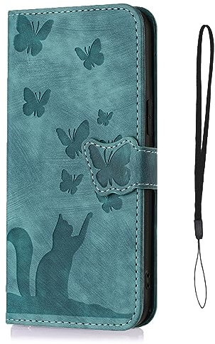 LSPCASA Coque Samsung S22 Plus pour Samsung Galaxy S22 Plus Matériau en Cuir PU Coque S22 Plus avec Fentes pour Cartes Motif Papillon Chat Coque Galaxy S22 Plus Vert