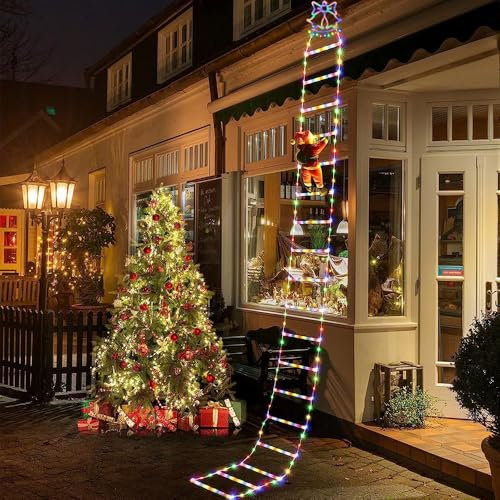SKJJL LED Weihnachtsmann Leiter, 3M Weihnachtsmann Leiter Außen, Weihnachtsmann Deko Draußen, Weihnachtsdeko Aussen, Weihnachtsmann auf Leiter Weihnachtsdeko Outdoor für Garten Veranda Weihnachtsbaum