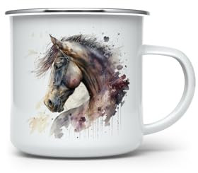 MAXIKIWI - Tazza da campeggio smaltata resistente per caffè o tè per uso interno ed esterno - Acquerello cavallo - 350ml