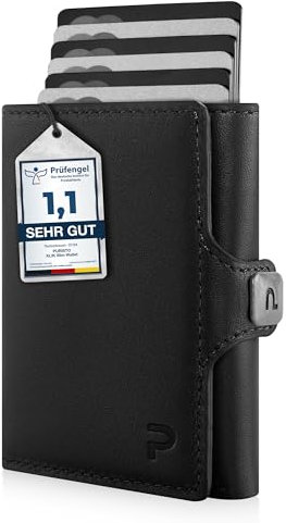 PURISTO KLIK Classic Slim Wallet mit Münzfach - Mini-Geldbörse für Herren aus Echtleder - Kleines Kartenetui mit RFID-Schutz für 10-14 Karten - Schwarz