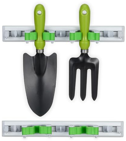 Relaxdays Gerätehalter Wandhalterung 2er Set, Besenhalter mit Haken, je 2 Wandklemmen für Gartengeräte, Alu, Silber/grün