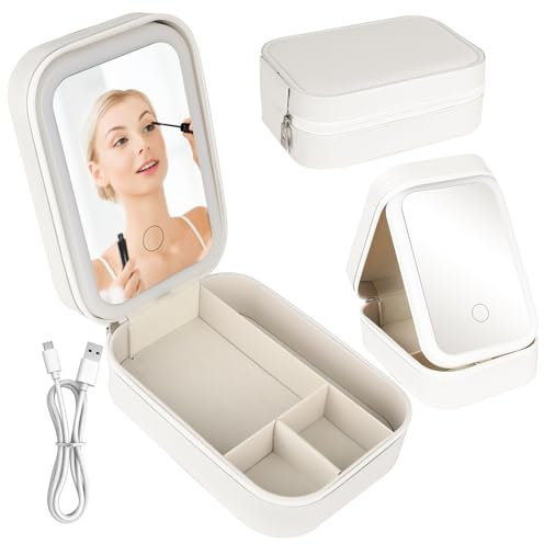 DAOUZL Kosmetiktasche mit Beleuchtetem Spiegel,Led Make up Spiegel,Schminktasche mit Spiegel-3 Farben LED Licht,Make up Tasche,Reise Kosmetikkoffer,Tragbare Schminktasche,Geschenk für Frauen (Weiß)