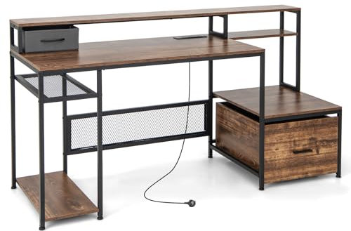 SFAREST 170CM Computer Desk, Wooden Working Writing Study Table with Monitor Stand, Storage Shelves, 2 Drawers, Power Outlets & USB Ports, Industrial Home Office Desk PC Laptop Workstation