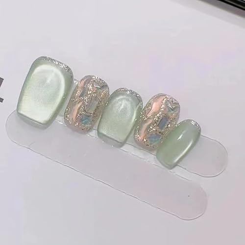 Senvenski Short Coffin Press On Nails, Jelly Green Glitter Cat Eye Magnetic Holographisch Fake Nails Shimmery Acrylic Nails Full Cover with Nail Glue for Women and Girls (CD052)