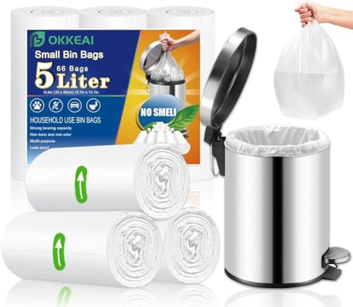 OKKEAI Müllbeutel 5l Kleine Müllsack 66 Stück Weiß Abfallbeutel Geeignet für Bad,Toilette 3l, 4l, 5l, 6l Mülleimer
