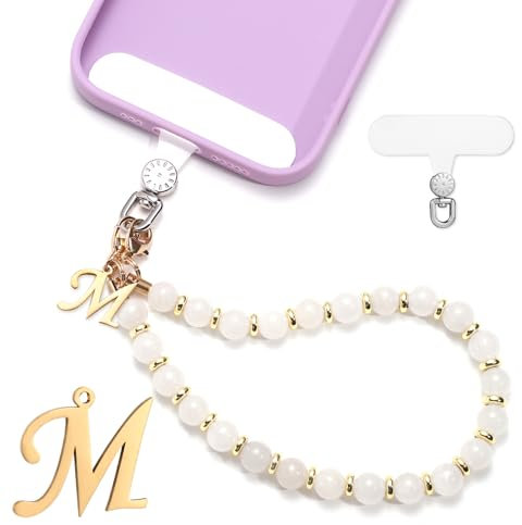 lasuroa 1 Set Handyband mit Perlen, Initialen Handyanhänger Band Abnehmbar Handykette mit Handyband Patch Freihändig Handyarmbandkette für Frauen Mädchen Geschenk (Buchstabe M)