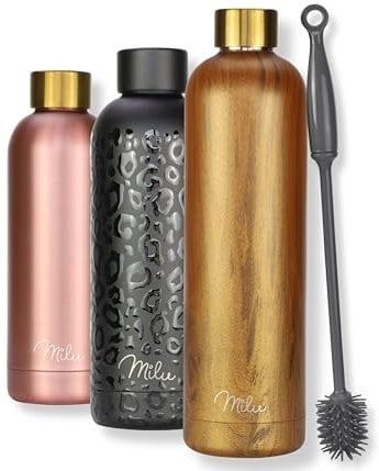 Milu Thermosflasche 1L Isolierte Edelstahl Thermo Trinkflasche Thermoskanne Auslaufsichere Isolierflasche doppelwandig - Kohlensäure geeignet – inkl. Reinigungsbürste (Holzoptik, 1000ml)