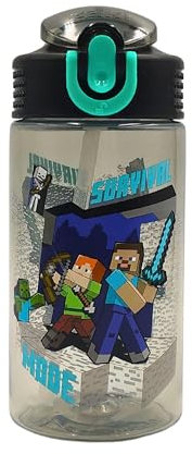 HOX Minecraft Reusable BPA free Kids Palouse Water Bottle with built in Carry Loop, Flip Up Spout and removeable straw - 600ml