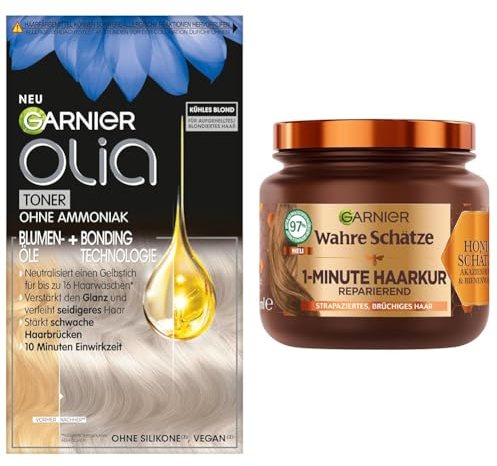 Garnier Colorations- & Pflegeset: Olia 9.1 Kühles Blond Toner gegen Gelbstich + Wahre Schätze Reparatur-Kur (340ml) - Für Blondiertes Haar, Strähnen & Ombré - Anti-Gelbstich Intensivtönung & Haarkur