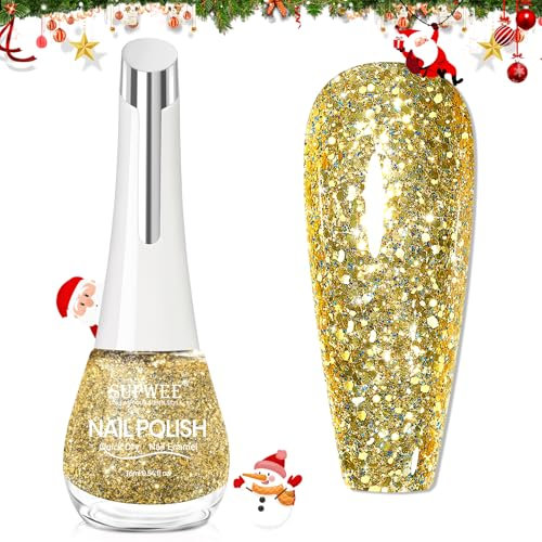SUPWEE Glitter Nail Polish - 16ML Gold Glitter Nail Varnish Quick Dry Diamond Sparkle Long Lasting Nail Polish No Need UV Curing for DIY Nail Art Manicure