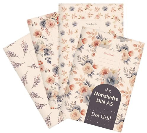 etmamu 1069 4er-Set Notizheft A5 | Blumen Muster Aquarell Rosen Zweige | für Notizen, Skizzen, Bullet Journal & Planungen | Punktraster