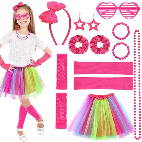ViEinkaufen 80s Fancy Dress for Girls, 90s Fancy Dress Costumes Accessories Set Kids Tutu Neon Leg Warmers Fishnet Gloves Sunglasses Earrings Necklace Headband Scrunchies Rave Accessories