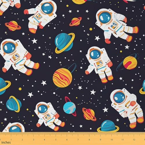 Loussiesd Cartoon Astronaut Stoff 92x150cm Weltraum Stoff Meterware Sonnensystem Galaxie Universum Planeten 3D gedruckt Raum Patchwork Stoffe Orange Polsterstoff