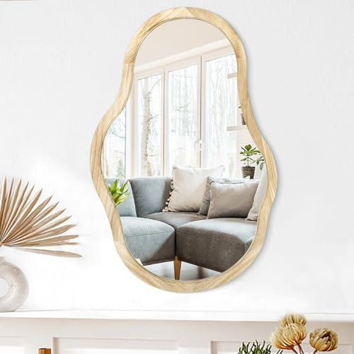 Unregelmäßiger Wandspiegel Mit Holzrahmen - Asymmetrischer Wolkenspiegel in Einzigartiger Form - Moderner Dekorativer Natürlicher Spiegel für Große Unregelmäßige Dekoration