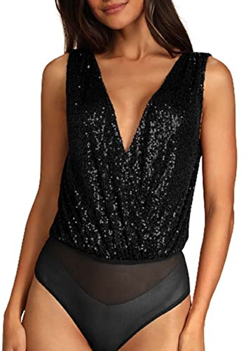 Duohropke Langarmbody Damen Glitzer Ärmellos Tank Top Tiefer V-Ausschnitt Blusenbody Shapewear Stringbody Unterhemd Oberteil Tops Jumpsuit