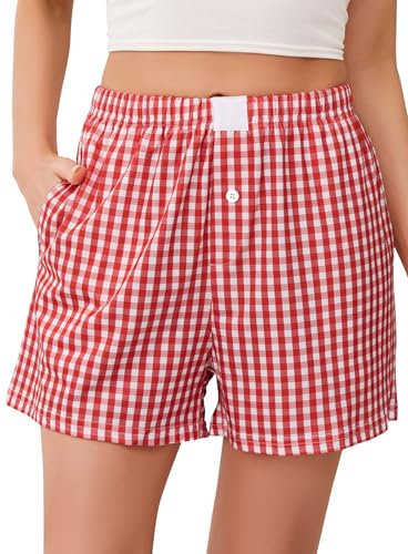 Lovasy Bas de Pyjama Femme Coton Court Pantalon de Nuit Été à Carreaux Short Pyjama Grande Taille avec Poches,A-Rouge,XL