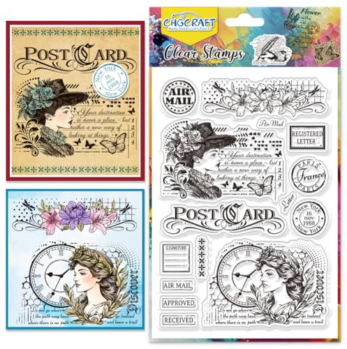 CHGCRAFT Vintage Ladies Clear Stamps Postkarte Transparent Stamps Brief Silikon Clear Stamp Dichtungen für DIY Scrapbooking Fotoalbum Dekoration, 4,3x6,3 Zoll