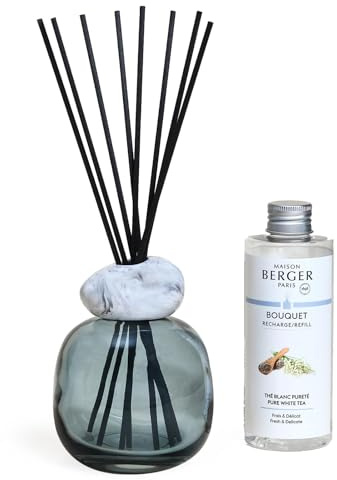 MAISON BERGER Bouquet Minéral Aromatischer Weißer Tee Raumduft 180 ml | Bouquet Minéral Aromatischer Weißer Tee, lackiertes Glas (Blau), 180 ml mit 6 Stäbchen, Duft ca. 6 Wochen