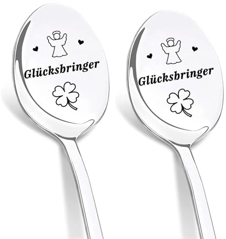 DIKARYA Glücksbringer Prüfung Geschenke, 2er Löffel mit Gravur für Schüler | Kaffeelöffel mit Gravur Glücksbringer Schutzengel Viel Glück Abschluss Abitur Geschenke für Frauen Männer Kollegen Freund