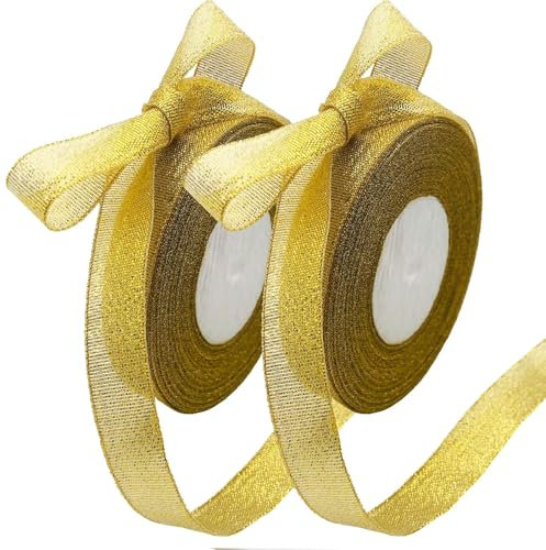 Organzaband Gold, 2 Stück Goldenes Band, 25 Yards Schleifenband Mit Draht Geschenkband Dünn Dekoband, Für Geschenkverpackungen, Weihnachtsfeiern, Hochzeitsdekorationen, Luftballons, Näharbeiten (1 cm)