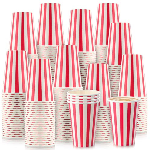 Fullhawl 200 Pcs Red Stripe Disposable Paper Cups for Christmas Carnival Party Disposable Drinking Cups Set Striped Paper Supplies Birthday Circus Decorations for Coffee Tea Juice (12 oz)