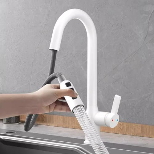 Mitigeur Cuisine avec Douchette Extractible Blanc Robinet de Cuisine Extensible Manche Unique Pivotant Laiton-Blanc