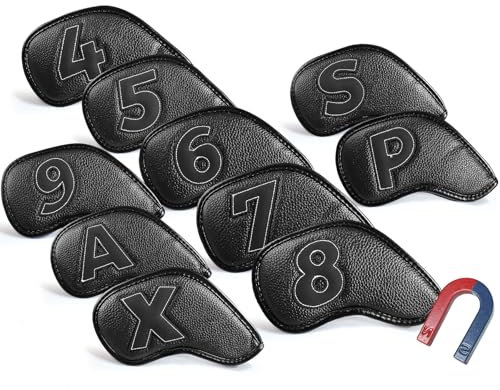 AMRTA Golf Iron Head Covers for Golf Clubs Synthetic Leather with Gift Box, Deluxe Club Headcover Universal Fit Main Iron Clubs Great Gift for Golfer Men Women (Magnetic Closure 10 Pcs-Dark)