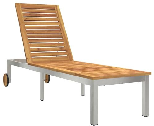 vidaXL Sonnenliege mit Rädern 207 x 58 x 35 cm aus massivem Akazienholz und Edelstahl - Perfekt für Gärten und Balkone, gemütliche Gartenmöbel, Verstellbarer Liegestuhl, moderner Lounge-Sessel