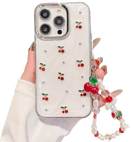 DIMEIYA Cute Case for iPhone 16 Pro,Red Cherry Pearls Case,with Phone Charm Chain,Flowers Fruit for Women Girls Designed Shockproof Cover for iPhone 16 Pro-White