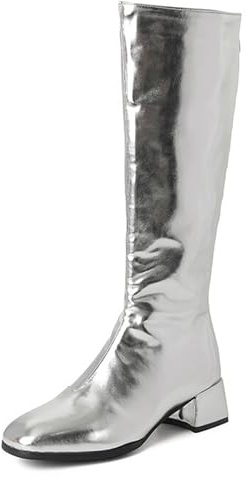 Gueploer Stivali Alti Fino al Ginocchio da Donna, Stivali Alti con Tacco Basso per Tutti I Giorni,Argento,35 EU