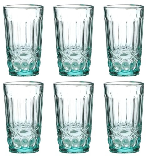 GMMH Vintage 6er-Set Farbige Weingläser und Trinkgläser mit Prägung Relief (Schleife, Türkis, Trinkglas) Weinglas, Kelch, Wasserglas, Longdrinkgläser, Cocktail Gläser, Glas, Glaskelche