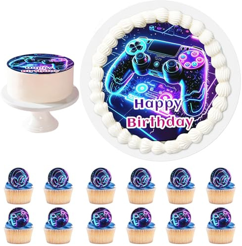 13 Stück Tortenaufleger Gamer, 20 cm Essbare Tortendeko Gamer | Muffin Deko Gaming, Gaming Esspapier, Neon Tortenaufleger, Essbare Dekore Für Jungen