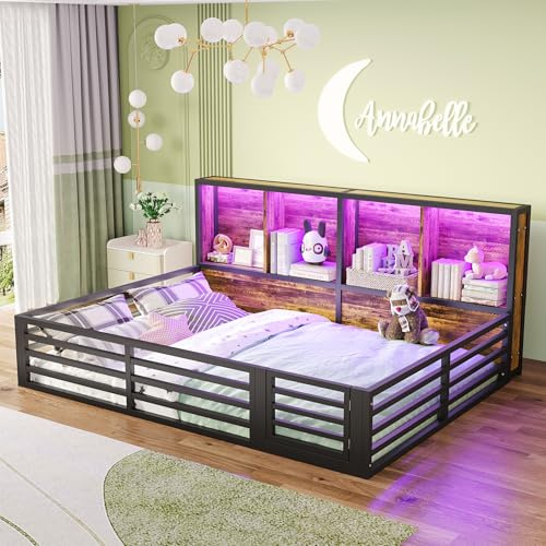 Kinderbett Bodenbett 140x200, Montessori Bett mit Rausfallschutz&Lattenrost, Hausbett mit 4 Staufächer&LED-Beleuchtung&Tür, Gitterbett Doppelbett Metallbett Bettgestell Spielbett,Ohne Matratze,Schwarz