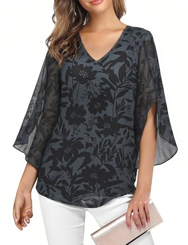 Enmain Womens Blouses 3/4 Sleeve V Neck Chiffon Casual Floral Tunic Top | Elegant Lightweight Soft Easy Care Ruffle Loose Versatile Flattering Suitable for Daily Vacation Date Wedding Dinner Evening