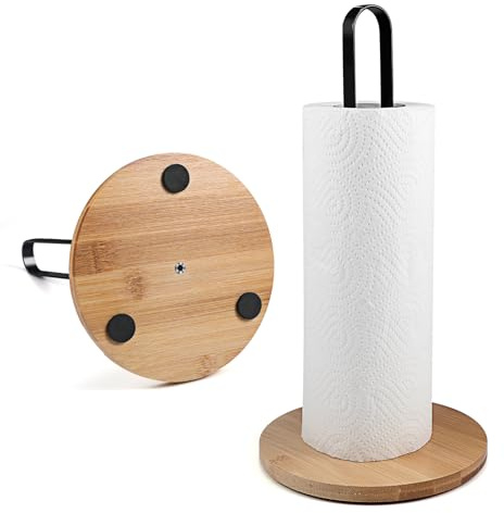 Paper Towel Holder Countertop, Standing Kitchen Roll Holder With Anti-slip Base, Paper Towel Holders for Kitchen Roll Holder, Bamboo & Stainless Steel,Black