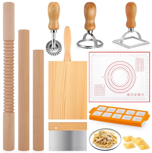 10 Pcs Pasta Maker Set with 50x40cm Silicone Mat, Ravioli Mould & Cutters | Pasta making tools, Wooden Pasta Machine ravioli cutter & dough scraper with wooden handles for home chefs.