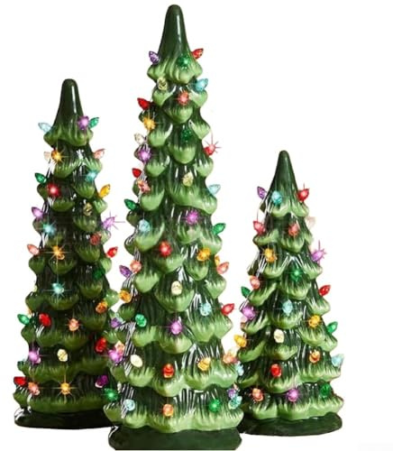 FACULX Alberi di Natale da tavolo in stile retrò dipinti a mano con luci LED, 10/15/20 cm, in ABS verde, decorazione per casa, scrivania, caminetto e mensola (set)
