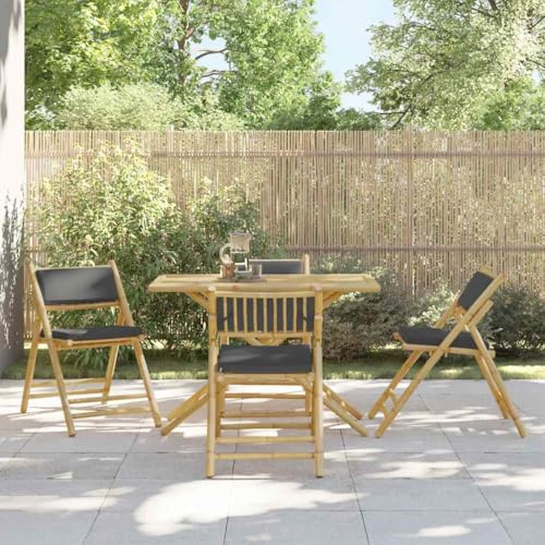 Hoopleep 5-TLG. Klappbares Bistro-Set aus Bambus, ideal für Garten, Balkon & Terrasse, inklusive dunkelgrauer Kissen, robust und platzsparend für 4 Personen, 110x55x75 cm