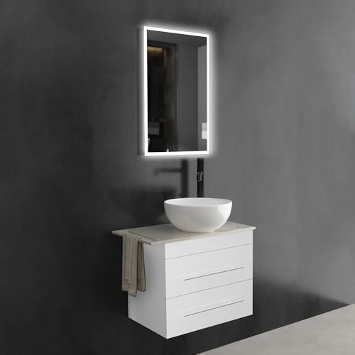 Alpenberger Aufsatzwaschbecken mit Unterschrank 60 cm Weiß | Gäste WC Waschbecken mit Unterschrank | Badmöbel Set mit Keramik Waschtischplatte (Calacatta Platte, mit Spiegel)