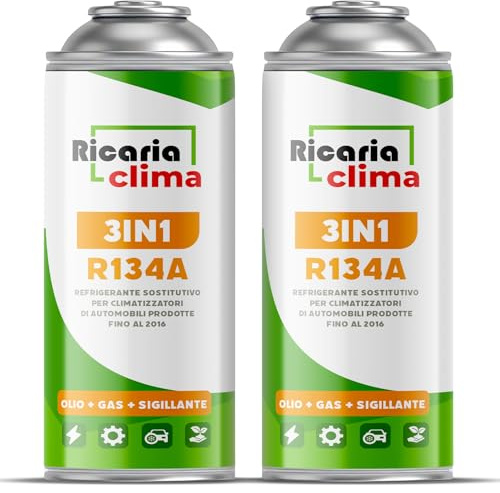 Ricaria Clima - Gaz Réfrigérant 3 en 1 R134a de Remplacement - pour Climatisation Automobile avec Agent d'Étanchéité et Huile - Bouteille de Gaz 2 x 235 g - Climatisation de Camping-Car - ECO
