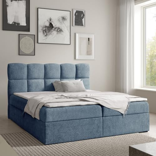 Home Collective Boxspringbett Polsterbett Doppelbett Bett mit Stauraum viele Größen & Farben | Topper inklusive | modernes Design mit Kassettensteppung Schlafzimmer Jugendzimmer | Blau 180x200 cm