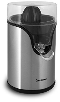 SUNTEC Zitruspresse ZIP-8434 design – Elektrisch mit Sieb und abnehmbarem Saft Behälter – Kleine Edelstahl Saftpresse für Orangen + Zitronen + Limetten – Elektrische Presse BPA frei mit max 100 Watt